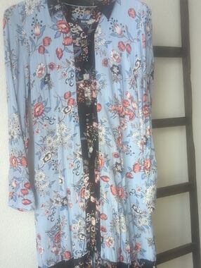 Maeve Pale Blue Floral Button-Front Dress with Black Trim